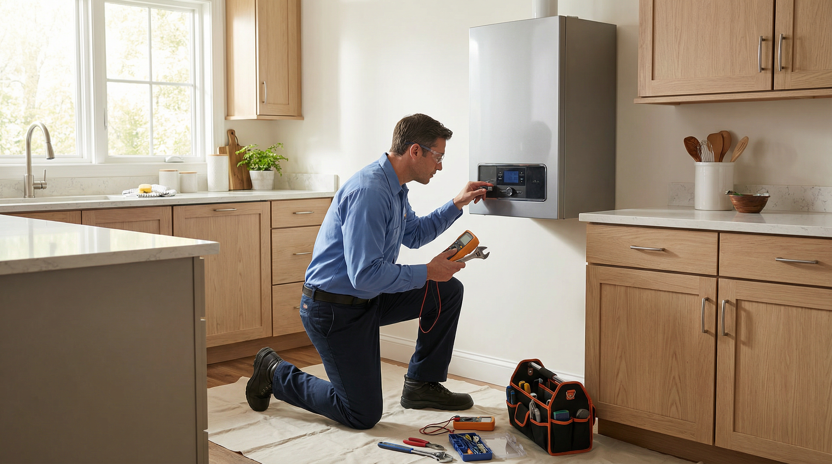 Tecnico professionista al lavoro su caldaia moderna